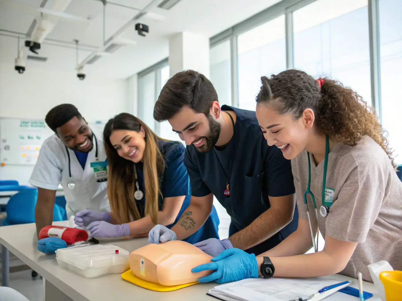 A photograph of a diverse group of students actively participating in a Nurse Aide Training session, with an instructor demonstrating patient care techniques in a classroom setting.