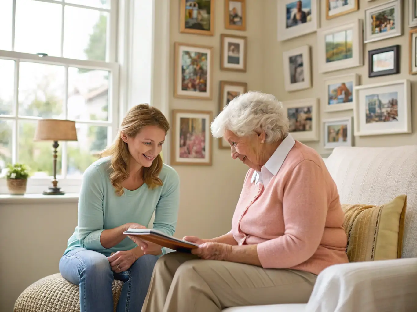 A compassionate caregiver interacting with a senior citizen in a memory care setting, illustrating the principles taught in the Dementia Course.
