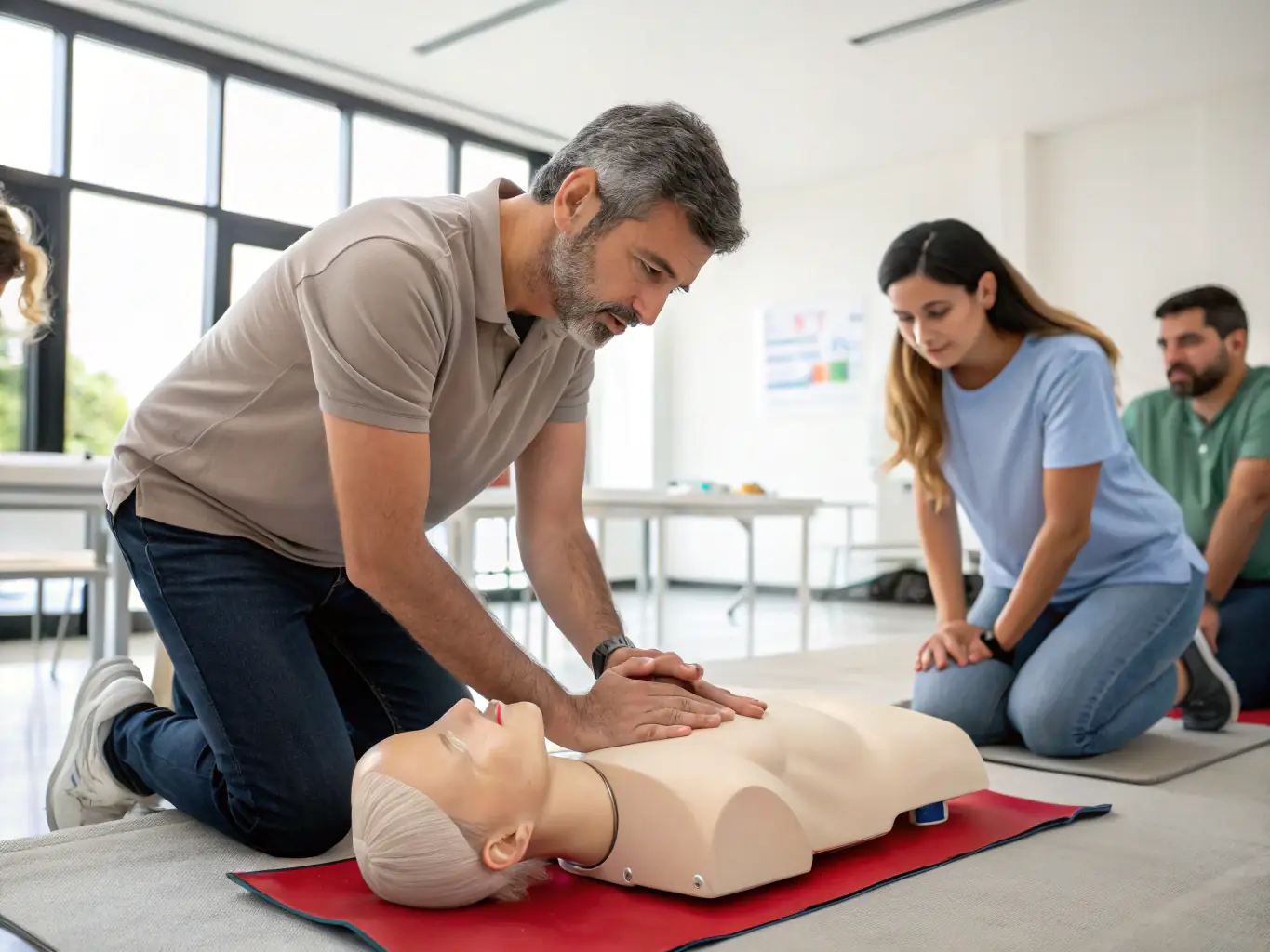 A close-up image of an instructor demonstrating CPR techniques on a mannequin, with students observing attentively during a CPR training session.